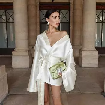 LYRIA Простое шелковое атласное французское платье, Элегантное женское платье с поясом на талии, Новое с длинным рукавом и V-образным вырезом, Женское элегантное платье для вечеринки S шампанского