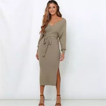 LYRIA Sexy and Fashionable V-neck Batwing Sleeve Solid Color Tie-up Knit Dress for Commuting, New Autumn and Winter Style. S хаки