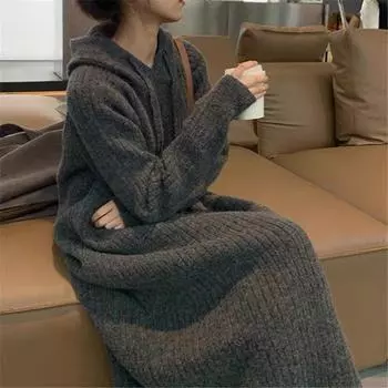 LYRIA Трикотажное платье миди с капюшоном в корейском стиле для женщин, Новый осенне-зимний стиль, Свободное и стройнящее, Ленивое базовое платье-свитер пуловер one size fits all серый