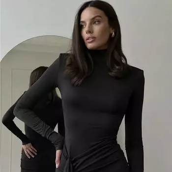 LYRIA Водолазка Разрез до бедра Сексуальное Макси-платье для женщин Модное Длинный рукав Драпированное Бандажное Облегающее Клубное Длинное платье S чёрный