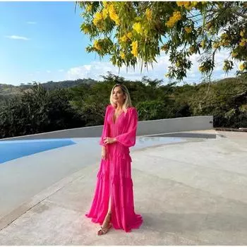 LYRIA Женское элегантное многослойное платье макси с оборками в стиле пэчворк, шикарное платье с V-образным вырезом, пышными рукавами и разрезом, модные женские вечерние платья S розы красного