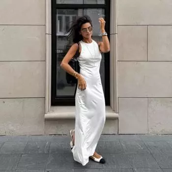 LYRIA Женское элегантное сексуальное французское бальное платье Длинное белое платье Женское платье с О-образным вырезом без рукавов Женщины S белый
