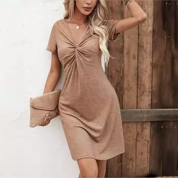 LYRIA Женское платье однотонное с V-образным вырезом весна/лето с коротким рукавом дышащее волокно женское повседневное благородное приталенное новое до колена S