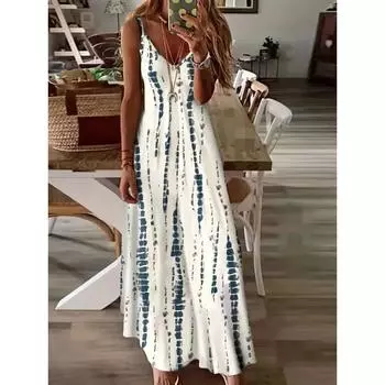 LYRIA Женское повседневное свободное платье макси на тонких бретельках с V-образным вырезом и принтом тай-дай для лета, пляжного отдыха, длинное платье 5XL S белый