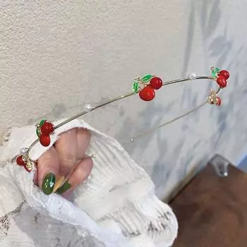 Lystrfac Корейский Милый Сплав с Вишней Жемчужная Повязка на Голову для Женщин Девочек Клубничная Цветочная Повязка на Волосы Тонкий Ободок для Волос Аксессуары для Волос