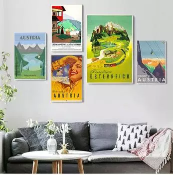 Лыжи в Австрии, страна канатной дороги, винтажные туристические плакаты, холст, картина, крафт-плакат с покрытием, настенная наклейка, украшение для дома, подарок, без рамки 21*30cm