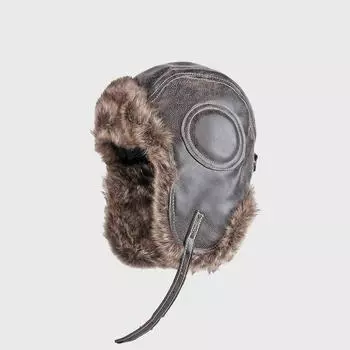 Лыжная шапка с подкладкой из искусственной кожи, мужская кожаная кепка-авиатор, утепленная осенне-зимняя кепка-ушанка, кожаная шапка-авиатор L коричневый