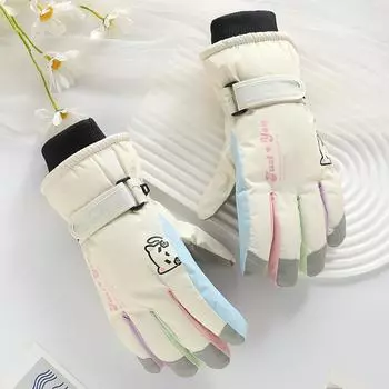 Лыжные перчатки для женщин Водонепроницаемые Утепленные Плюшевые Сенсорные Ветрозащитные и Защищающие от холода Милые Мультяшные Уличные Велосипедные Теплые Перчатки Average Size