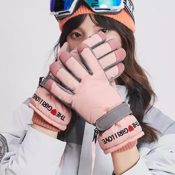 Лыжные перчатки, мужские и женские мотоциклетные зимние мужские перчатки для верховой езды, милые водонепроницаемые плюшевые перчатки на флисовой подкладке Women s English Love-Pink