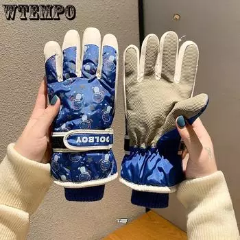 Лыжные перчатки с зимним теплом и толстым бархатом для мальчиков и девочек, чтобы играть в снегу, водонепроницаемые и холодостойкие перчатки из хлопка с рисунком и количеством пальцев One Size