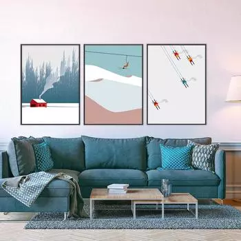 Лыжные принты, лыжные постеры, зимний дом, настенные художественные картины на холсте, минималистичные сине-белые картинки 21cm30cm NoFrame