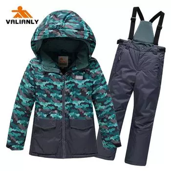 Лыжный костюм для мальчиков VALIANLY, детский зимний комбинезон, зимняя детская лыжная куртка для мальчиков, штаны, лыжные комплекты, уличный-30C 110 синий