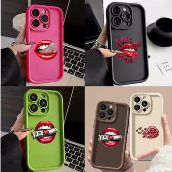 LZ21 Lips kiss design art силиконовый чехол для iPhone 11 13 14 15 16 Pro Max 7 8 16 Plus 12 mini XS Max XR противоударный задний чехол for iPhone 5/5s