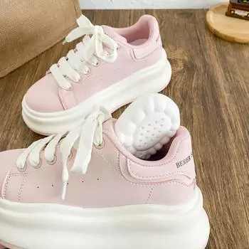 LZ6077 latex insole/platform white shoes women s shoes 2025 new leather board shoes bread shoes versatile and lightweight 35 розовый