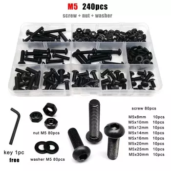 M1.6 M2 M2.5 M3 M4 M5 M6 M8 Black Grade 10.9 Steel Hex Hexagon Socket Allen Button Round Head Screw Bolt Nut Assortment Kit Box