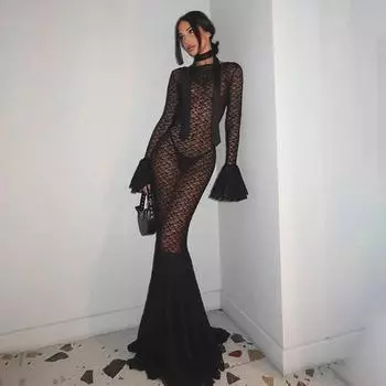 «M24DS187 Женское летнее кружевное платье-рыбий хвост - сексуальное, прозрачное, круглый вырез» Small белый