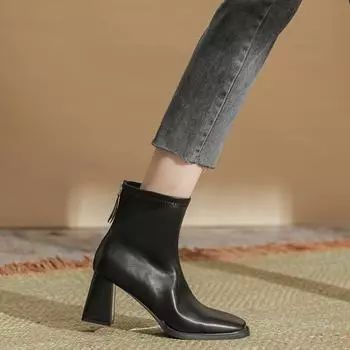 M259-1 New Women s Boots Brown Soft Leather Coarse Heel Short Boots Children s Skinny Boots Medium High Heel Ankle and Naked 34