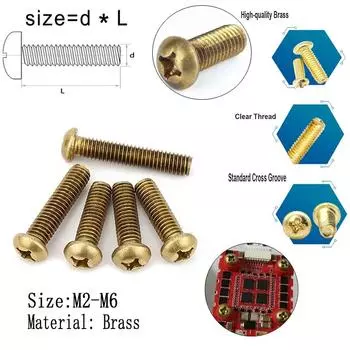 M2 M2.5 M3 M4 M5 M6 Медные крепежные винты Phillips Латунные винты с цилиндрической головкой M6 5pcs-12mm
