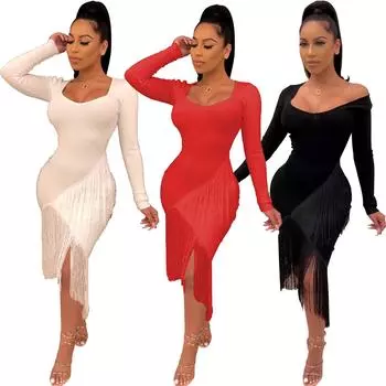 M968 Charm V-Neck Tassel Wool Plush Long-Sleeve Dress for Europe & America L