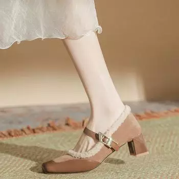 M988-19 Mao Mao высокие каблуки женские внутренние полные волосы модные туфли на толстом каблуке квадратная голова толстый каблук зимние новые ретро 34 чёрный