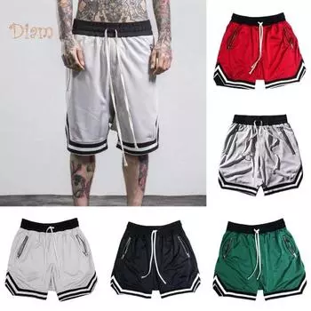 (M-3XL) Мужчины Шорты Сетка Loose Спортивная повседневная ничья строка хип-хоп шорты M чёрный