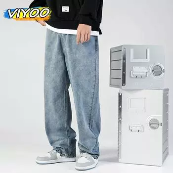 M-3XL свободные мужские джинсы большого размера, хлопковые прямые брюки, однотонные повседневные брюки для мужчин M чёрный