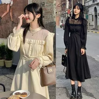 M ~ 4XL, готическое черное платье Y2k, женское платье большого размера, осеннее повседневное кружевное цельное платье с длинными рукавами, корейское вечернее элегантное женское платье миди M чёрный