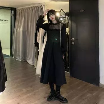 M ~ 4XL, готическое черное платье Y2k, женское платье большого размера, осеннее повседневное кружевное цельное платье с длинными рукавами, корейское вечернее элегантное женское платье миди M бежевый