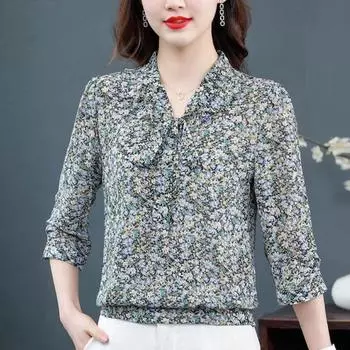 M-4XL модная шифоновая рубашка с цветочным принтом, женская весна/лето, новая блузка для мам, шарф, воротник, бант, топ с рукавами 3/4 и принтом L жёлтый