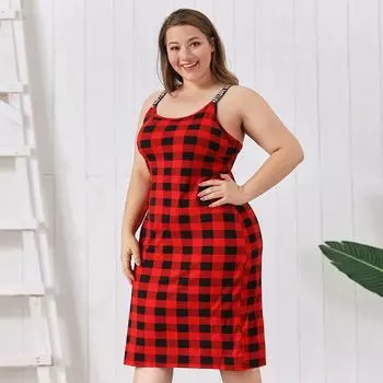 M-4XL ночная рубашка Femme, красная клетчатая ночная рубашка с принтом, женская одежда для сна на бретелях, женская пижама, домашняя одежда, платье больших размеров XXXXL красный