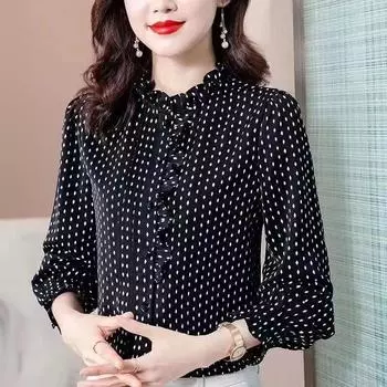 M-4XL рубашка из искусственного шелка, женская весенне-осенняя новинка, топ с длинными рукавами, французская рубашка с рюшами и воротником-стойкой, нижняя рубашка с принтом XXXL чёрный