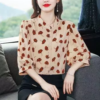M-4XL шифоновая рубашка с принтом, весна-лето, новая блузка с рукавами четверти и воротником-стойкой, повседневный женский кардиган M хаки
