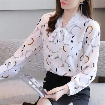 M-4XL женские весенне-летние стильные шифоновые блузки, рубашки, женские повседневные блузки с длинными рукавами и галстуком-бабочкой, воротник с принтом, топы M розовый