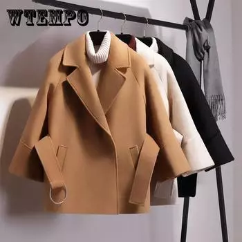 M-4XL женские зимние шерстяные пальто женские короткие куртки больших размеров теплые элегантные шерстяные пальто с поясом кашемировая куртка