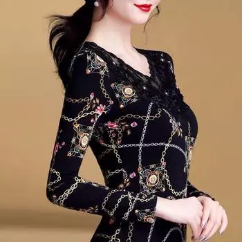 M-5XL сетчатая футболка осень-зима новая кружевная рубашка с принтом топ с длинными рукавами 4XL чёрный