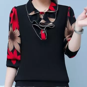 M-5XL, весенне-осенняя новая женская рубашка поло, модная блузка с длинными рукавами для мам, свободная футболка с принтом M жёлтый