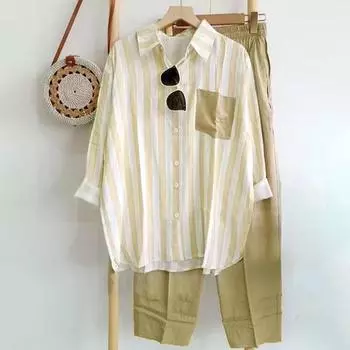 M-5XL женская одежда весна-лето топ с длинным рукавом + брюки новая полосатая однобортная рубашка с лацканами + широкие брюки 2 шт. M жёлтый