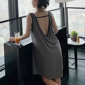M-6XL плюс размер топ без рукавов однотонная ночная рубашка женская свободная удобная майка платье средней длины пижама на бретельках тонкая секция M чёрный