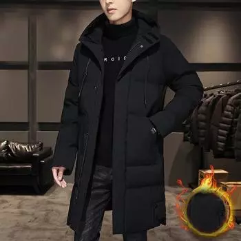 M-8XL Мужская пуховая куртка с капюшоном Зимняя толстая теплая хлопковая куртка средней длины Мужская повседневная верхняя одежда Однотонные универсальные пальто на молнии можно носить в северном стиле XL чёрный