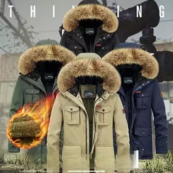 M-8XLЗимняя куртка мужская теплая толстая флисовая парка ветровка военная с капюшоном меховой воротник пальто мужская одежда M хаки