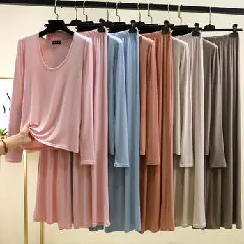 M до 6XL Модальные футболки с длинным рукавом, U-образным вырезом и широкими брюками, женские свободные пижамные комплекты больших размеров, однотонная тонкая дышащая домашняя одежда M чёрный