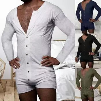 M гардероб, мужской однотонный комбинезон с длинными рукавами, однобортный комбинезон, одежда для сна, одежда для сна L зелёный