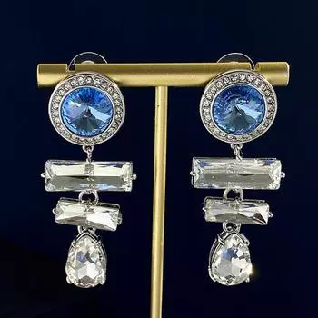 M Home Серьги Голубые блестящие круглые бриллиантовые кристальные легкие роскошные ретро-стиль прозрачные длинные серьги-гвоздики с каплями воды и бриллиантами серебряный