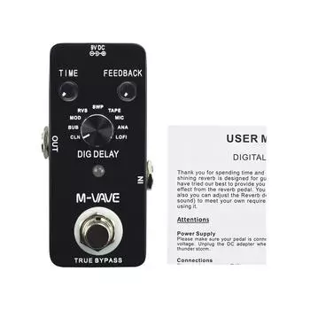 M-VAVE DIG DELAY Педаль эффектов для гитары с цифровой задержкой и 9 эффектами задержки True Bypass Цельнометаллический корпус чёрный