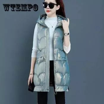 M-XXXL женский зимний жилет без стирки с яркой поверхностью на пуху, хлопковый жилет, женский теплый жилет с капюшоном, утолщенный жилет без рукавов XXL