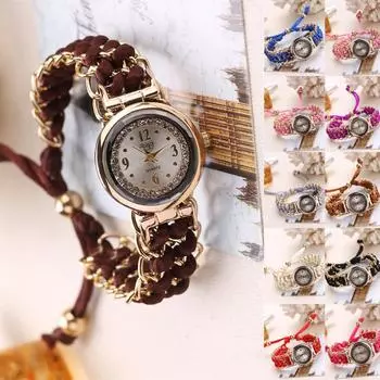 Женские кварцевые часы на плетеном ремешке коричневый