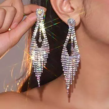 Machashijia Ins Style Super Flash AB Diamond Long Fringe Earrings Female Fashion Luxurious Style Ear Studs Earrings for Bride White AB colorful DTE1816348S-WAB