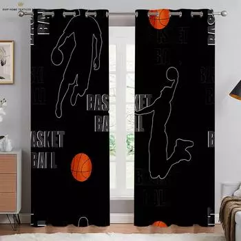Machine Washable Basketball Print Curtains, Bedroom, Living Room, Kitchen, Club, Dormitory, Decorative, 2 Pcs W50X130H(CM)X2PCS&Grommet Top