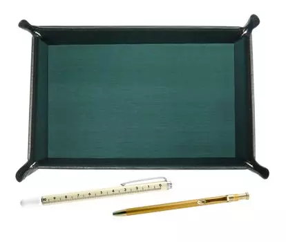 Made in Japan Moss Green Cowhide Leather Pen Tray with Slide Measuring Stick and Slim 60 Ballpoint Pen Gold Set TRAMG-708W-SV60KBP