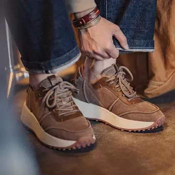 Maden Retro 70 s Jogging Shoes Casual Sports Running Thick-Soled Height-Increasing Leather Sneakers for Men s Autumn and Winter 38 хаки